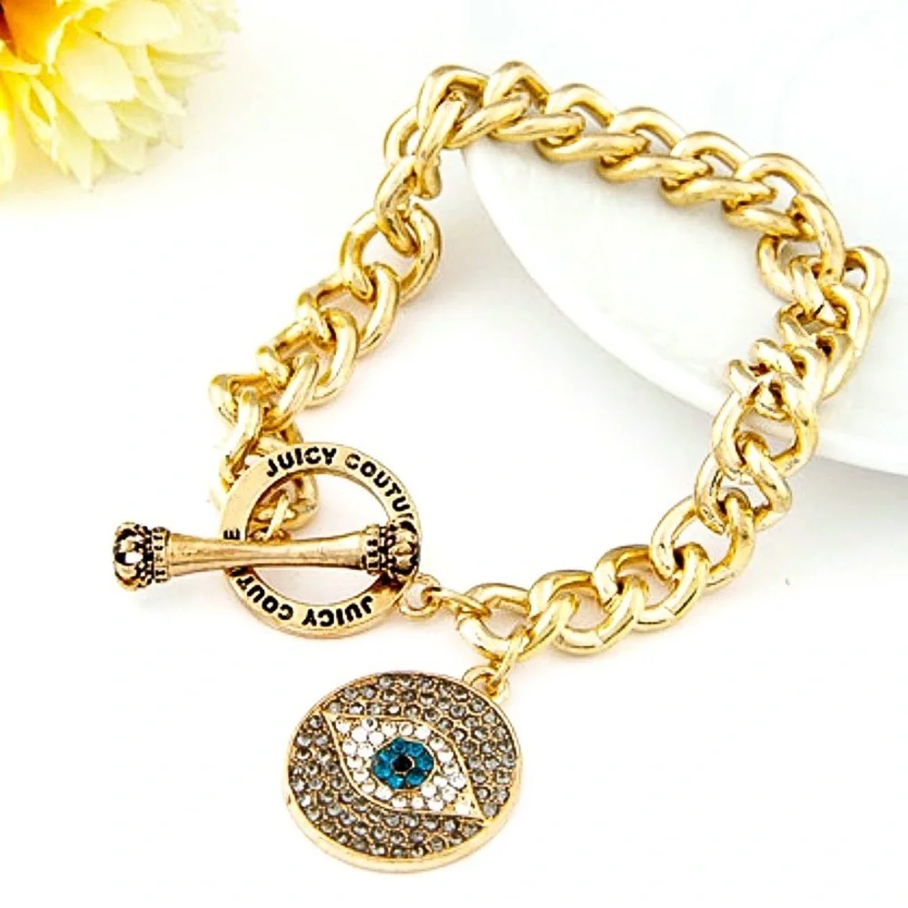 Juicy Couture Gold Chain Crystal Evil Eye Pendant Bracelet NWOT - Picture 2 of 6